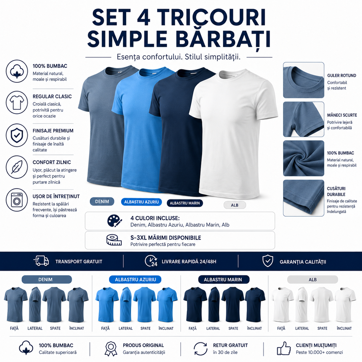 Set 4 tricouri bărbați 100% bumbac regular clasic denim albastru azuriu albastru marin și alb S-3XL